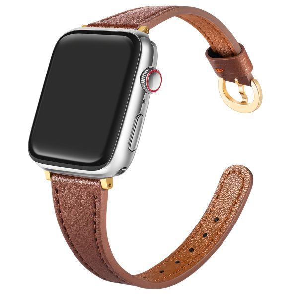 This Is a Slim Faux Leather Strap for The Apple Watch, Designed for Women, Featuring a Horseshoe Buckle. It Is Compatible with Various Iwatch Series Models Including SE 2 And Series 1 Through 10, Fitting Sizes from 38Mm to 49Mm